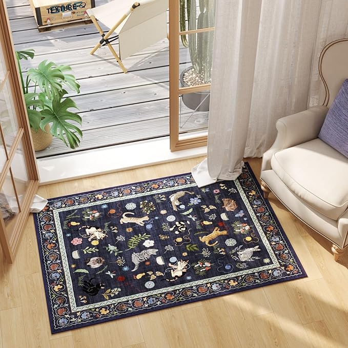 Rugcomf Door Mat Indoor Entrance 2x3 Rug Machine Washable Boho Floral Animal Cat Small Area Rug Non-Slip Low Pile Throw Rugs for Entryway Kitchen Front Door Entry Kids Room, Cobalt Blue