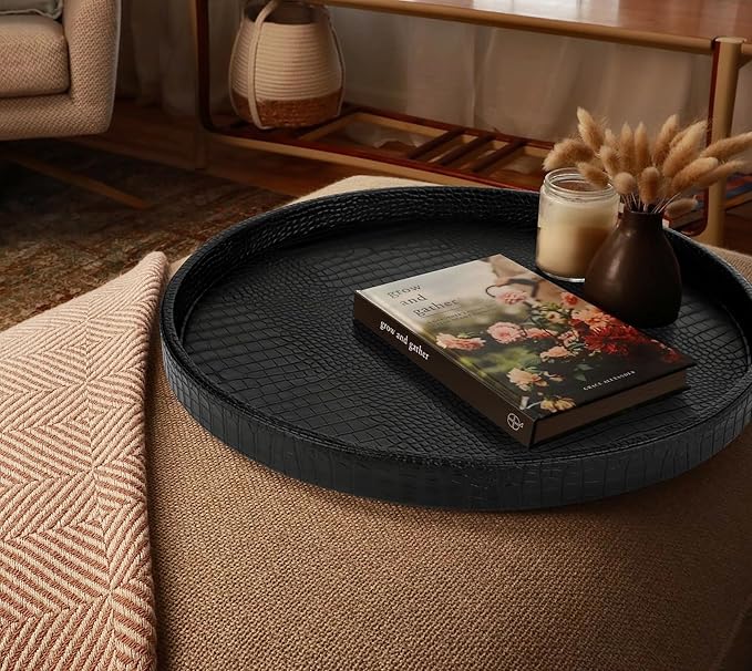 HofferRuffer Round Serving Tray 20'', Elegant Faux Leather Circle Ottoman Table Tray, Serve Tea Coffee Breakfast in Bedroom Living Room Kitchen (Classic Black)
