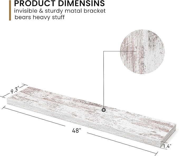 Fun Memories Deep Floating Shelves - 48" W x 9.3" D x 1.6" H Rustic Grey Wall Shelf - Wall Mounted Shelves for Storage - Wooden Shelves with Invisible Brackets for Living Room, Farmhouse - Set of 1