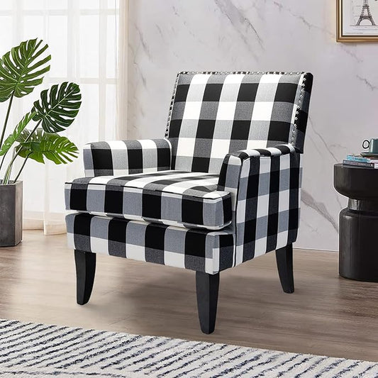HULALA HOME Modern Accent Chair with Arms and Wooden Legs, Buffalo Plaid Accent Chair Armchair High Back Rest, Padded Armrest and Comfortable Cushioned Seat for Living Room (Buffalo Black)