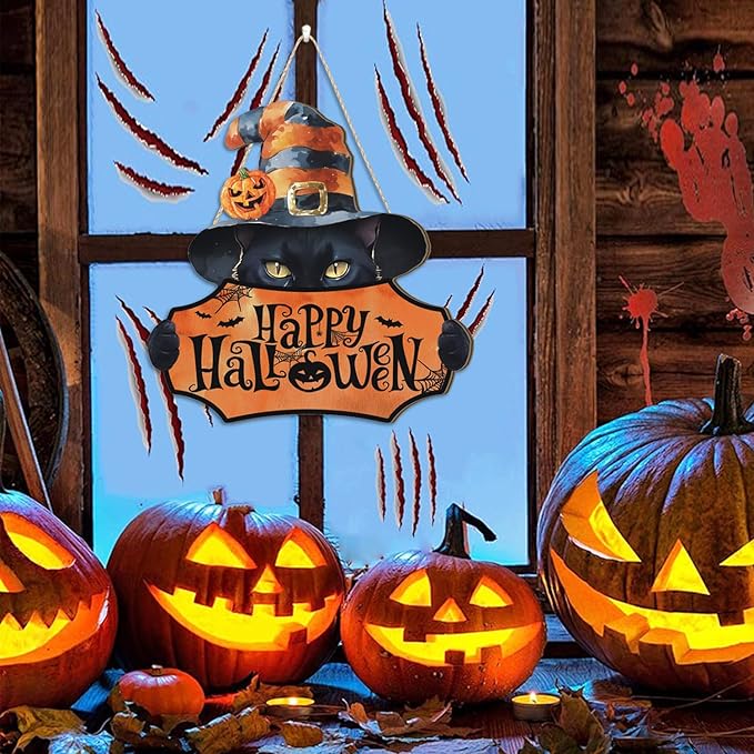 HPNIUB Black Cat Halloween Plaque, Rustic Witch Hat Pumpkins Wood Hanger for Home, Cute & Scary Wooden Sign for Halloween Party Front Door Decor