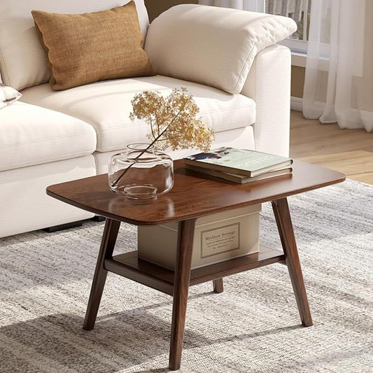 100% Solid Oak Wood Coffee Table for Living Room, 2-Tier Small Table with Storage Shelf, Mid Century Modern Coffee Tables (Walnut, 31.49“ x 22.05” x 17.32“)