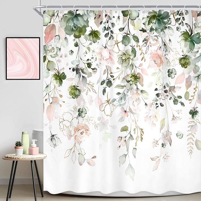 Green Pink Floral Flower Shower Curtain 72Wx72L Inch Spring Summer Rustic Eucalyptus Leaves Pastel Wildflower Plant Botanical Pretty Bathroom Set Bath Curtain Bathtub Accessories Home Decor