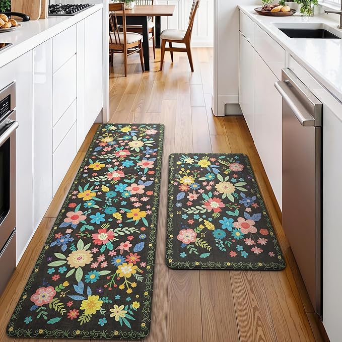 GENIMO Kitchen Mats for Floor 2PCS, Cushioned Kitchen Rugs Non Slip Washable, Farmhouse Anti Fatigue Mat Waterproof, Comfort Standing Mat Rug for Office, Home, Laundry, 17.3"x59"+17.3"x30", Black