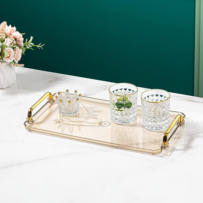 Acrylic Serving Tray with Handles Ottoman Countertop Decorative Tray Serving Tray Spill-Proof Tray for Coffee Table Living Room Bedroom 16 x 9 x 0.8 inches - (Transparent Color)