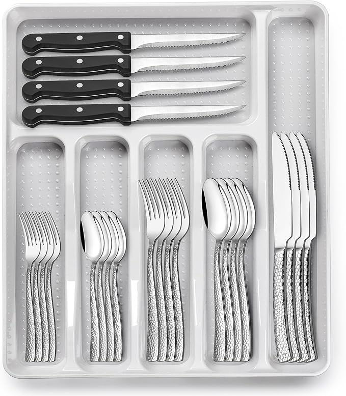 49-Piece Hammered Silverware Set with Organizer, Heavy Duty Stainless Steel Wave Flatware for 8, Cutlery Utensil Sets with Steak Knives, Rust-proof, Mirror Polished, Dishwasher Safe
