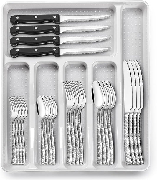 49-Piece Hammered Silverware Set with Organizer, Heavy Duty Stainless Steel Wave Flatware for 8, Cutlery Utensil Sets with Steak Knives, Rust-proof, Mirror Polished, Dishwasher Safe