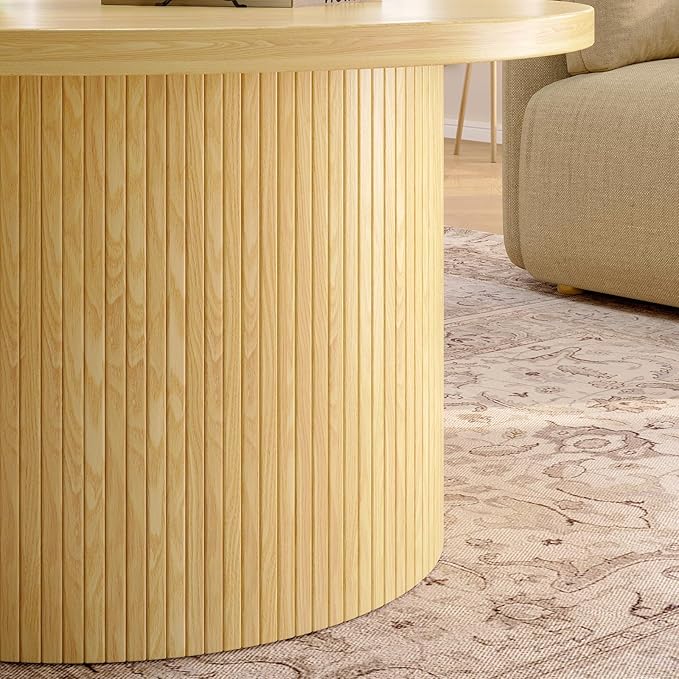 ONBRILL 31.5" Round Coffee Table, Tambour Design Coffee Tables for Living Room, Mid Century Modern Wood Coffee Table, Drum Accent Small Center Table, Oak