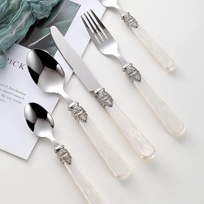 REVERIE Collection 18/10 Stainless Steel Vintage Flatware set,Sliverware set,Dishwasher safe (30, Pearl White)