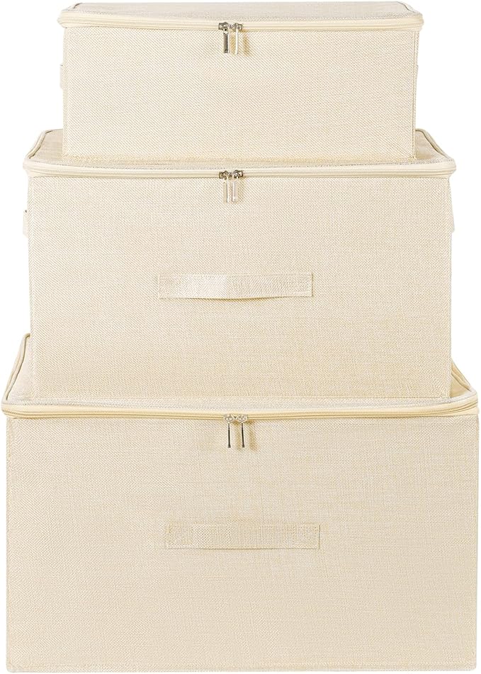 ANMINY 3PCS Storage Bins with Zipper Lids 13 Qt Lidded Fabric Storage Boxes Baskets Cubes with Handles Collapsible Washable Cotton Linen Closet Shelf Clothes Organizer Containers - Beige, Small