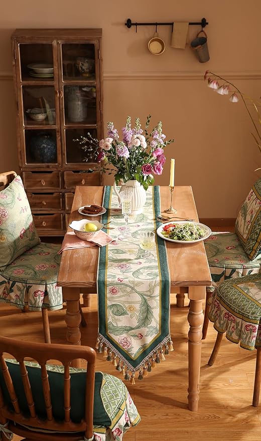 patdrea Designer Green Floral Extra Long Table Runner,French Elegant Vibrant Rustic Linen with Green Leaves Patterns Fabric Table Mat,Decoration for Kitchen Dining Room Banquet Christmas,12"*118"