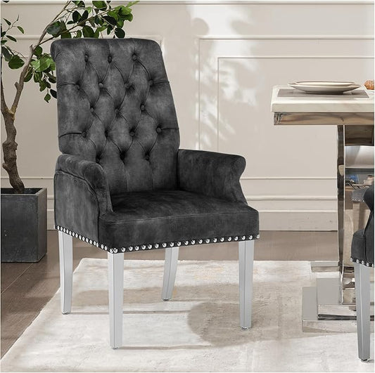 AODCHR Upholstered Velvet Accent Dining Chair, Elegant Tufted Dining Room Kitchen Room Arm Chair with Stainless Steel Leg, Dark Grey