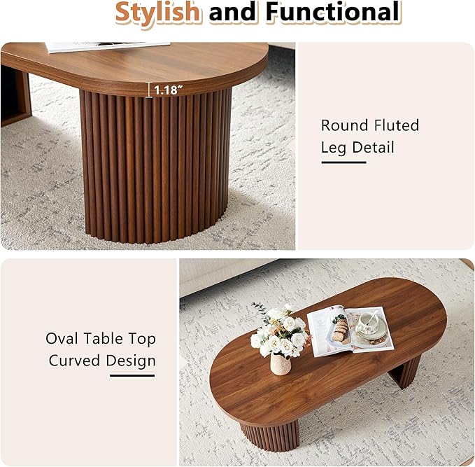 AVZEAR Oval Fluted Coffee Table for Living Room, Mid Century Modern Coffee Table with Storage, Curved Round Wooden Center Table for Home, Office, Cafe, Vintage Walnut(47.24" x 19.69" x 15.74")
