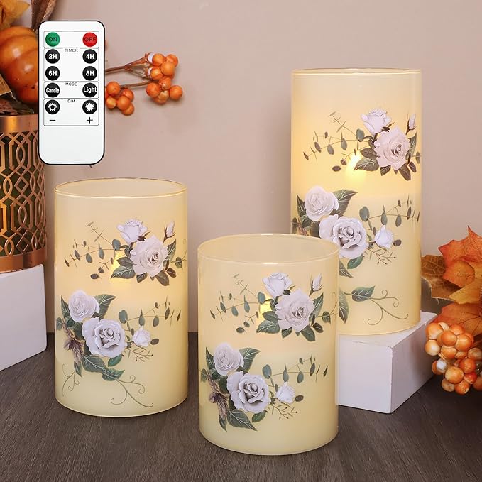 Flameless Candles with Remote & Timer, Love Theme Battery Operated Flickering Glass Rose LED Candles, Bedroom Home Christmas Summer Decor Table Ornament, Set of 3