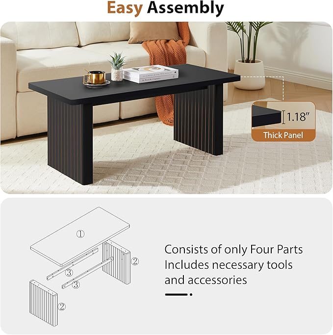 AVZEAR 43Inch Fluted Wooden Coffee Table for Living Room, Mid Century Modern Coffee Table with Sturdy Fluted Legs & Rounded Corner, Curved Rectangle Center Table for Home, Office, Cafe, Black