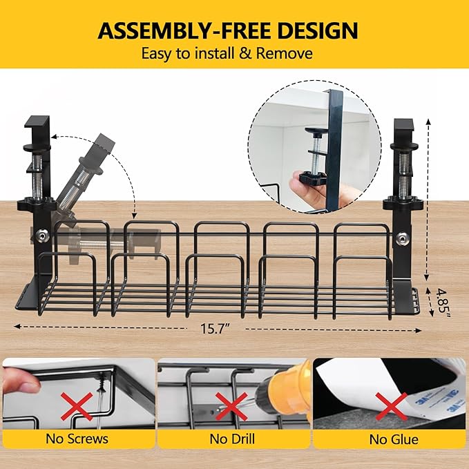 Under Desk Cable Management Tray,15.7” No Drill Cord Organizer with Clamps for Wire Management,4MM Under Desk Cable Management Tray for Home Office,Metal