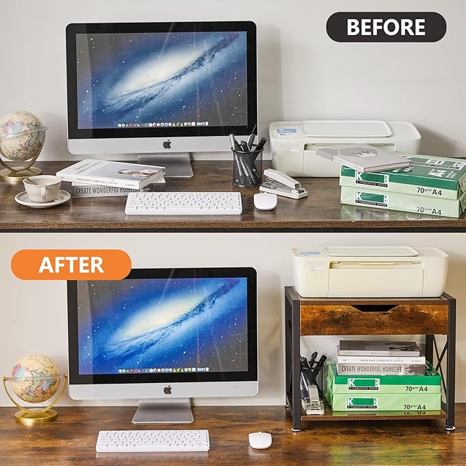 IBUYKE 2 Tier Desktop Printer Stand,Multi-Purpose Desk Organizer,Wooden Printer Stand with Drawer Storage for Folders,Books,for Fax Machine, Scanner,Home Office,Rustic Brown TLJ012H