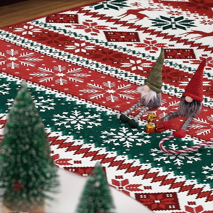 Hallway Runner Rug 2x6 Washable Christmas Runner Indoor Non-Slip Xmas Decorative Throw Floor Covers Boho Accent Festival Xmas Rug Farmhouse Rug Geometric Carpet for Living Room Bedroom, Red