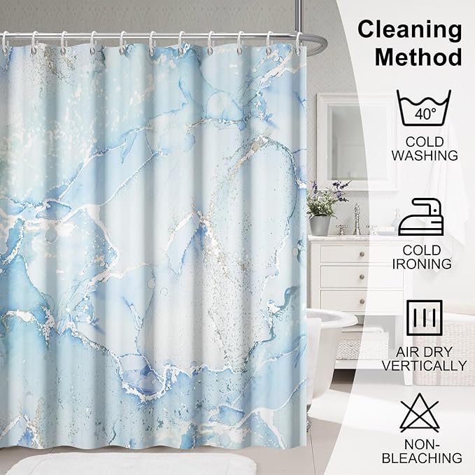 Renaiss Light Blue Marble Shower Curtain Waterproof Fabric Luxury Modern Art Shower Curtain for Bathroom Dormitory Print Decorative Shower Curtains Set with Hooks Waterproof Fabric 72" W x 84" L