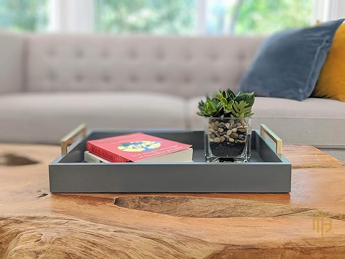 Decorative Coffee Table Tray - Ottoman Tray - Breakfast, Drinks, Liquor Serving Tray - from Farmhouse to Modern - Matte Finish - Brushed Champagne Gold Handles - Charcoal