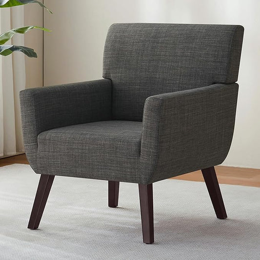 Upholstered Accent Chair,Mid Century Modern Linen Fabric Living Room Chair with Arm,Comfy Wingback Club Armchair for Bedroom Reading Dark Grey