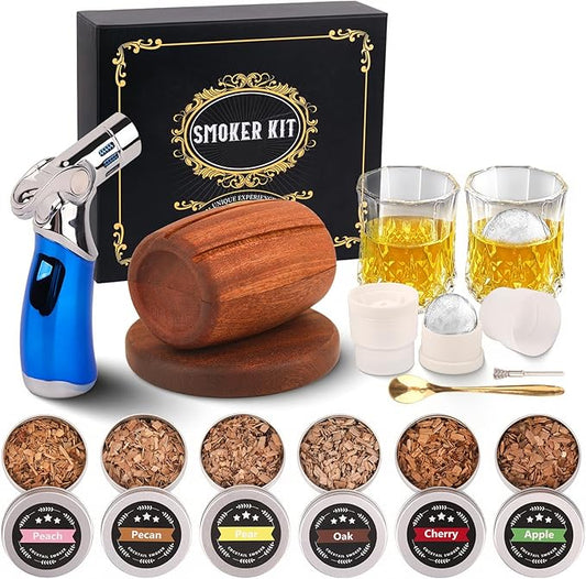 Whiskey Smoker Kit with Torch, with 6 Natural Flavors Wood Chips, Cocktail Smoker Infuser Kit, Old Fashioned Drink Smoker Set, Birthday Bourbon Whiskey Gifts for Men, Dad, Boyfirend(Without Butane)