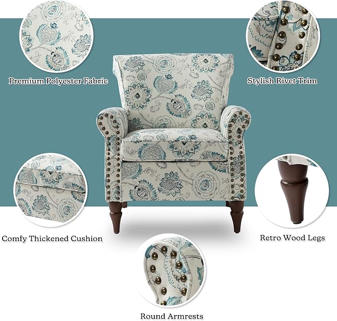 HULALA HOME Modern Wingback Accent Chair with Wood Legs & Removable Cushion, Comfy Upholstered Armchair with Nailhead Trim, Floral Pattern Single Sofa Chair for Living Room Bedroom, Medallion