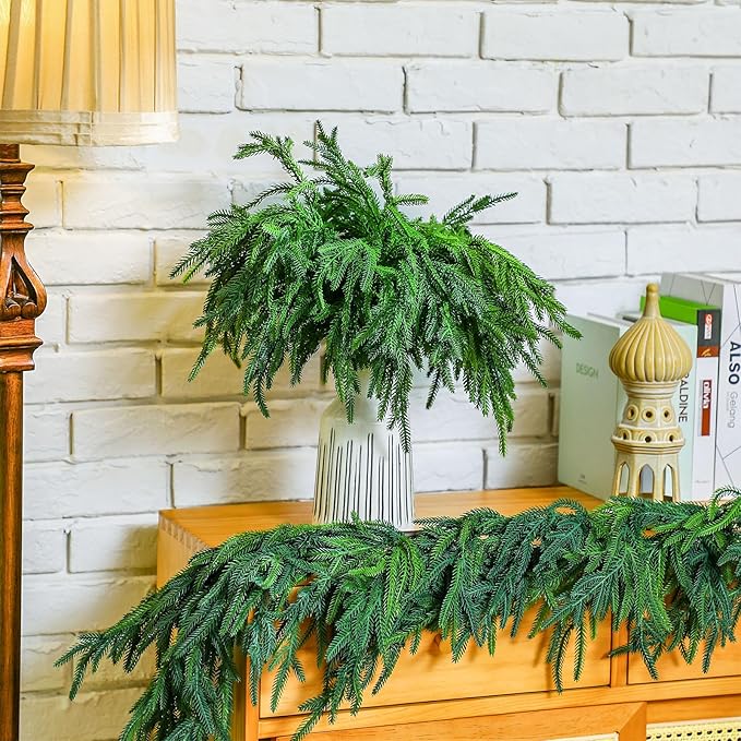 Jutom 30 Pcs 18 Inch Christmas Norfolk Pine Branches, Lifelike Bendable Non-Shedding Greenery Stems Faux Pine Picks for Christmas Mantel Centerpiece Garland Wreath and Holiday Decor