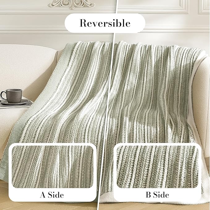 Amélie Home Striped Knit Throw Blanket for Couch, Dual-Sided Soft Chenille Decorative Blankets for Sofa & Chair, 50"x60", Sage Green & White