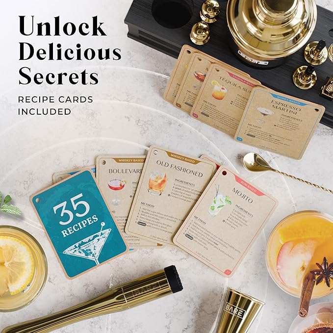 BARE BARREL® Mixology Bartender Kit Bar Set | 16-Piece Cocktail Shaker Set | Martini Barware Mixing Tools for Home Bartending | Incl. 35 Recipe Cards | Gift Set (24oz Cobbler Shaker, Gold/Black)