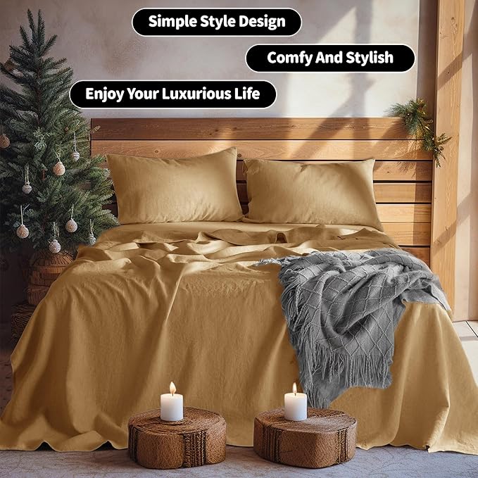 LBRO2M 100% Linen Sheet Set King Size,Bed Sheets 4 Piece Sets,Solid Color Natural Flax Bed Sheets Soft Breathable Bedding,16" Deep Pocket,All Season (King, Rust)