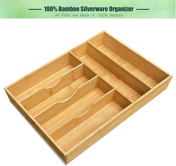 Bamboo Kitchen Drawer Organizer, 11.6" W x 17" H Silverware Utensil Tray Holder, Wood Cutlery Tray for Silverware, Flatware, Bedroom, Organization of office supplies