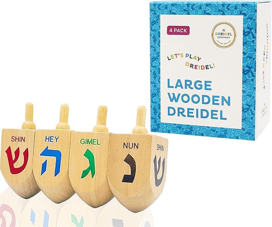 The Dreidel Company Hanukkah Dreidel 4 Extra Large 3" Inch Wooden Dreidels Hand Painted - Includes Game Instruction Cards- (4-Pack XL Dreidels)