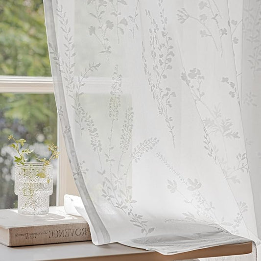 Anmao White Semi Sheer Light Filtering Extra Long Curtains 2 Panels, Flower Pattern Drapes for Living Room Bedroom, Rod Pocket Privacy Window Treatments with Floral Design, 52x108 Inch