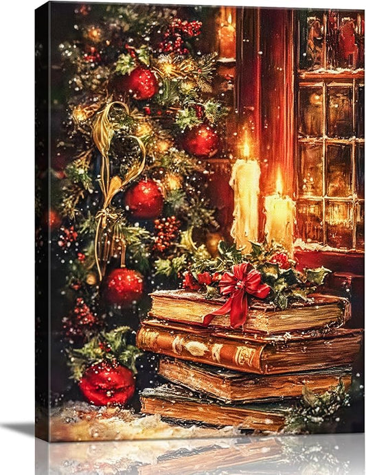 Vintage Christmas Wall Art Framed Canvas Print, Rustic Moody Bookshelf Still Life for Christmas Decorations, Dark Academia Holiday Gift Idea & Winter Library Study Room Decor
