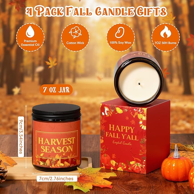 4 Pack Happy Fall Y'all Gifts Scented Candles Bulk 7 oz Soy Wax Autumn Fragrance Home Jar Candles Set with Gift Box 4 Harvest Scents for Fall Festival Thanksgiving Day Party Favors