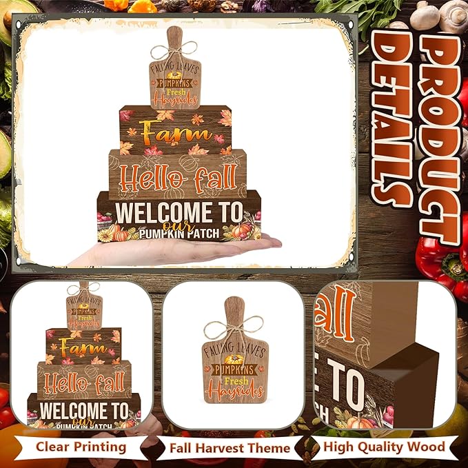 4 Pcs Fall Decorations for Home Farmhouse Tiered Tray Decor, Fall Kitchen Decor Rustic Wooden Cutting Board Block Sign Autumn Thanksgiving Harvest Tabletop Centerpieces for Home Table Indoor