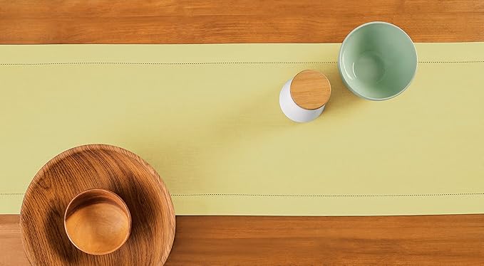 Solino Home Yellow Table Runner 60 Inches - Cotton Linen Hemstitch Coffee Table Runner 14 x 60 Inch Ideal for Dresser Tables
