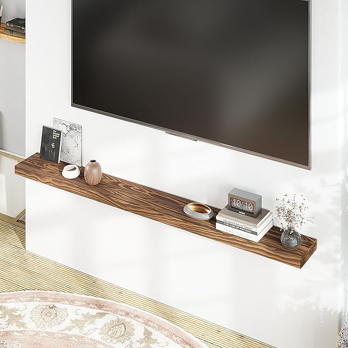 60'' Pine Wood Floating Shelf for Wall - Rustic Wall Mounted Wooden Shelf for Stylish Home Décor, Fireplace Mantel 60inch (Light Walnut, 60x8x2) - 1pcs