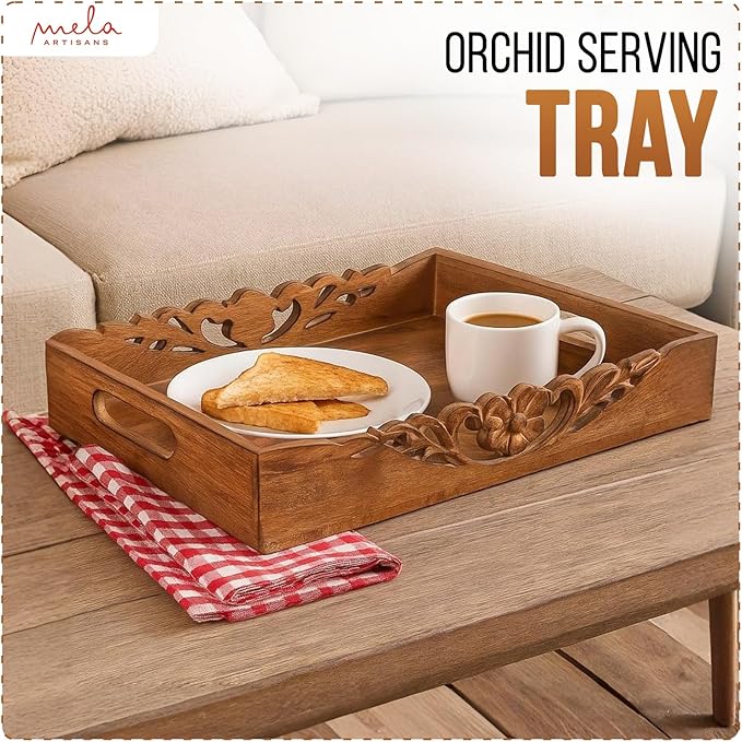 Mela Artisans Orchid Design Wooden Decorative Tray with Handles | 16x12x2.5 Mango Wood Ottoman Tray | for Kitchen Countertop | Coffee Table | Snacks | Desserts | Breads | Bedroom Decor