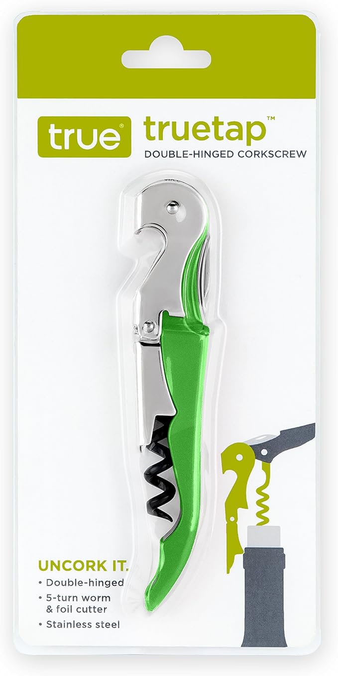 True Truetap Double Hinged Waiter's Corkscrew Wine Opener, Stainless Steel Wine Bottle Opener with Built In Foil Cutter, Home Bar Tools, Bar Cart Accessories, Wedding Gifts, Set of 1, Lime Green