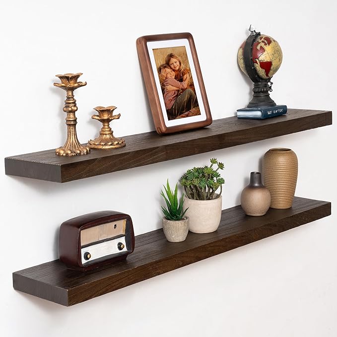 Marsmiles 36 inch Floating Shelves for Wall Solid Elm Wood Shelves|Rustic Wall Shelves with Invisible Heavy-Duty Bracket for Bathroom Living Room Kitchen|Walnut, 2 Pack