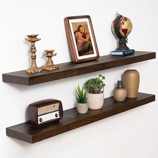 Marsmiles 36 inch Floating Shelves for Wall Solid Elm Wood Shelves|Rustic Wall Shelves with Invisible Heavy-Duty Bracket for Bathroom Living Room Kitchen|Walnut, 2 Pack