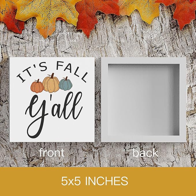 Fall Wooden Box Sign, 5.1 X 5.1 Inch Pumpkin Autumn Wood Sign for Tiered Tray, Home Living Room Harvest Day Thanksgiving Tabletop Decor - It's Fall Y'all 2