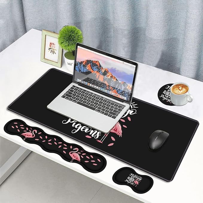Ergonomic Memory Foam Mouse Pad Wrist Rest Set, Be a Flamingo in a Flock Pigeons Inspirational Quote Large Desk Pad + Keyboard Wrist Rest + Mouse Wrist Cushion + Coaster for Home Office Study Gaming