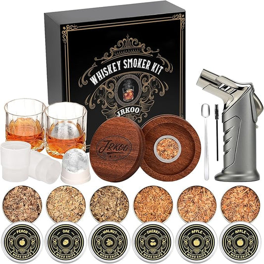 Whiskey Smoker Kit with Torch - 6 Natural Wood Chips, 2 Glasses, 2 Ice Ball Molds - Cocktail Smoker Infuser Kit, Old Fashioned Smoker Kit, Birthday Bourbon Whiskey Gifts for Men, Dad(No Butane)