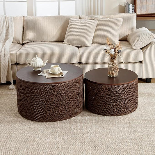 Round Nesting Coffee Table Set of 2, Dark Brown Wooden Circle Side Tables Rustic Woven Sofa Table for Small Space Living Room Bedroom Apartment No Assembly Required