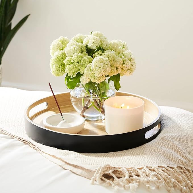 Decorative Tray for Coffee Table, Ottoman Tray, Round Wooden Serving Tray, Coffee Table Tray Decor, 13.75 in (Black)