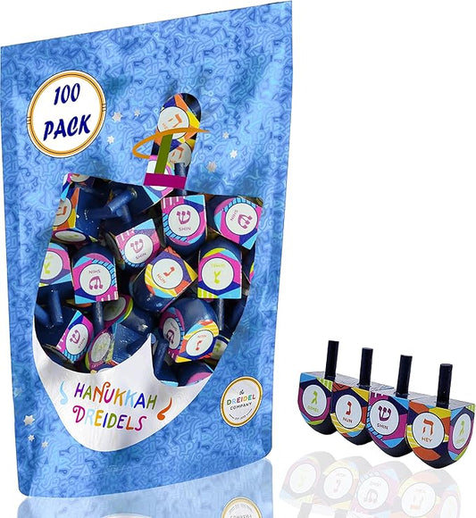 The Dreidel Company 100 Multi Colored Hand Painted Wooden Dreidels, The Hanukkah Game Includes 3 Dreidel Game Instructions, Let's Play Dreidel (100-Pack)