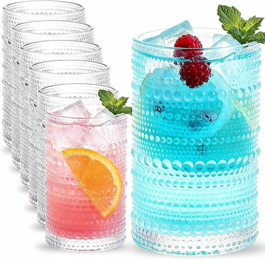 Hobnail Drinking Glasses Set of 12,12 oz Vintage Embossed Highball Glasses, Durable Glass Cups for Water, Cocktail, Beer, Whiskey, Juice & Bar Use